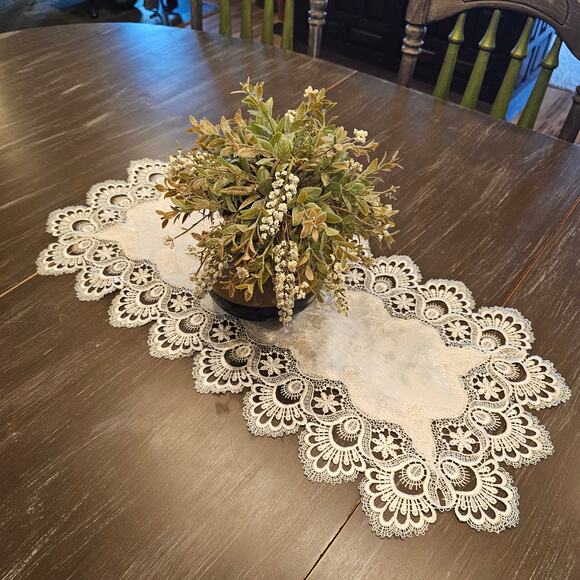 White Lace Cutwork Table Runner 29x13 Embroidered Floral Elegant Dresser Scarf - Picture 2 of 6